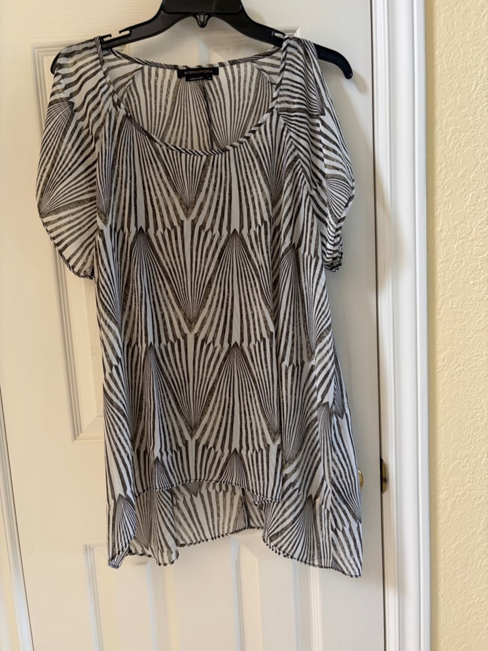 BCBGMaxAzria Black and White Geometric Sheer Blouse